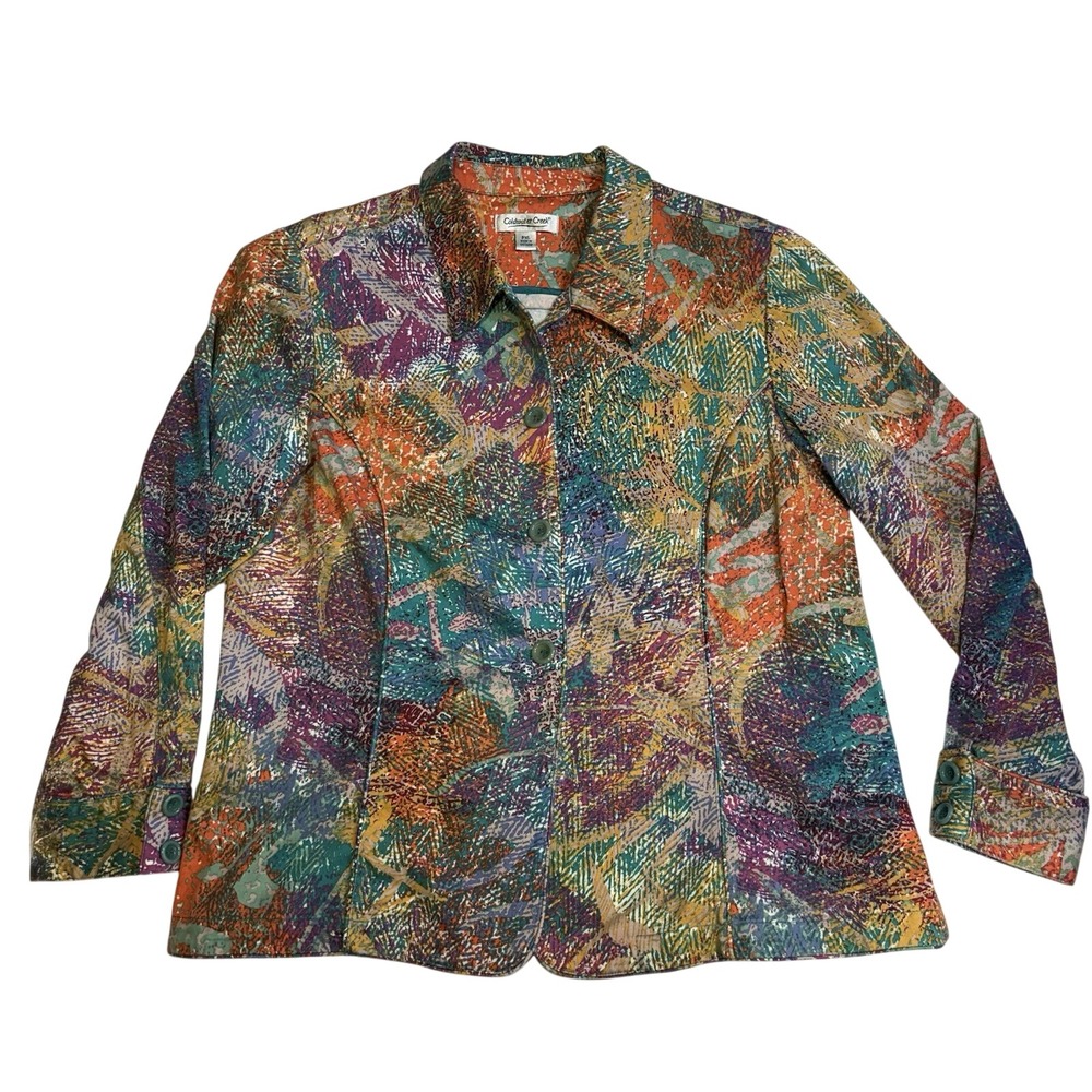 Coldwater Creek Orange‎ Green Button Down Long-sleeve Blazer Jacket Boho Sz PXL